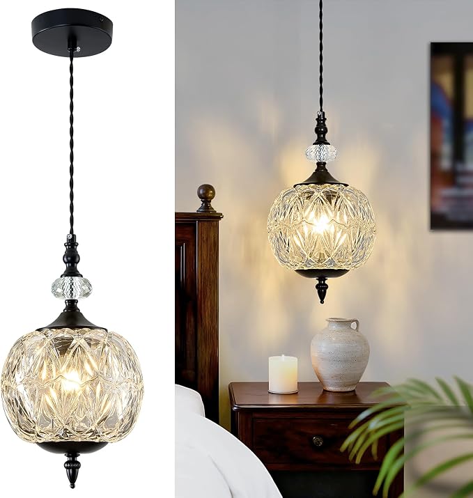 Piepooye Vintage Glass Pendant Light Farmhouse Black Chandelier E26 Mini Adjustable Hanging Ceiling Light Fixture for Kitchen Island Dining Room Bedroom Foyer Entryway