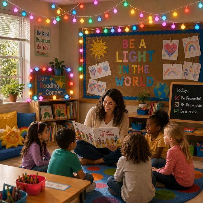 PJT 200 LED Hanging String Lights for Classroom – 66ft Plug in Pastel String Lights with 8 Modes, Colorful String Lights for Classroom Decor, Teacher Supplies, Bulletin Board, Wall Display