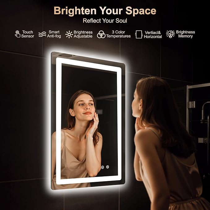 30x20 LED Bathroom Vanity Mirror with Lights, Anti-Fog, Dimmable | Front & Backlit with 3 Color Modes and Memory, 5mm Shatterproof Glass, Plug-in or Hardwired, Horizontal or Vertical