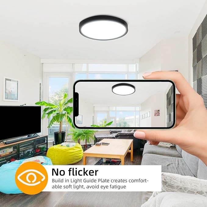 Hlite 12 Inch Flush Mount LED Ceiling Light,2400LM,3CCT,4 Pack | 24W 3000K/4000K/5000K Selectable,Low Profile Ceiling Light Fixtures for Kitchen Bedroom Hallway Laundry Room Closet,Black