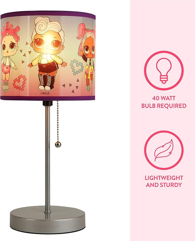 LOL Surprise Kids Stick Table Lamp,Pull Chain On/Off with Themed Printed Decorative Shade, Bedroom & Playroom Lighting