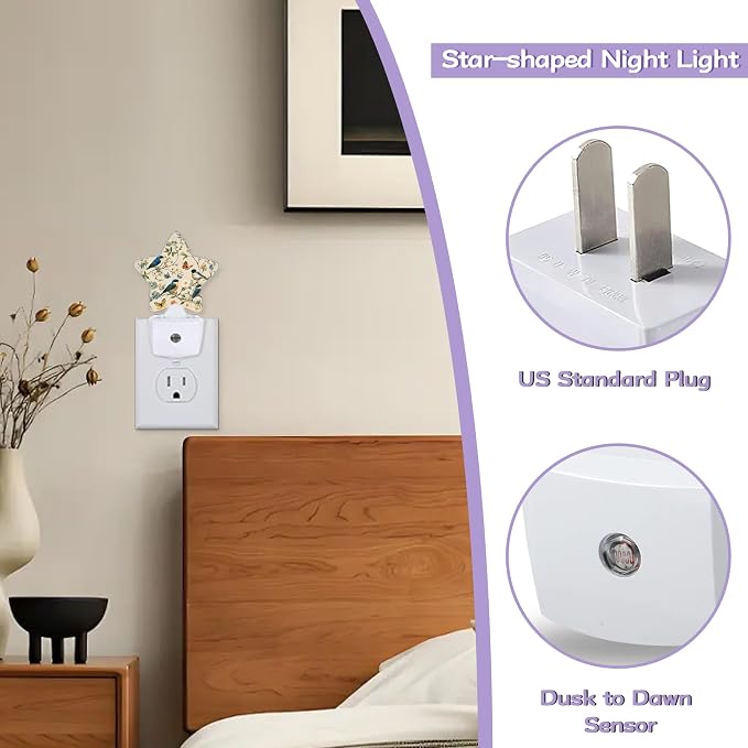 Birds Butterfly Decorative Nightlight Plug in Wall,Watercolor Floral Star Shaped Night Light with Built in Sensor for Home Decor,Kitchen Hallway Stairs Desk Lamp
