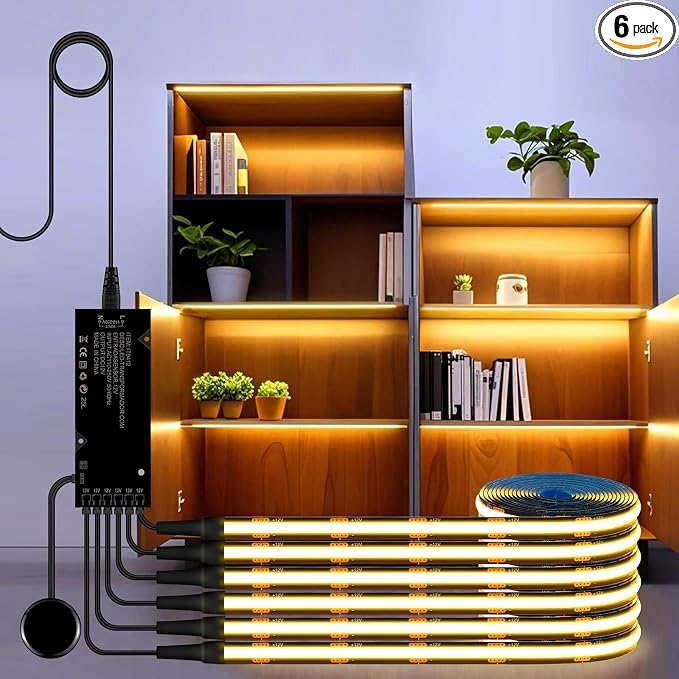 Black Cabinet Light COB LED Strip Lights | 6 pack penetrable touch dimmable ideal for display cabinet and wine rack decorative lighting (Warm Light, 3.3ft / 1M)