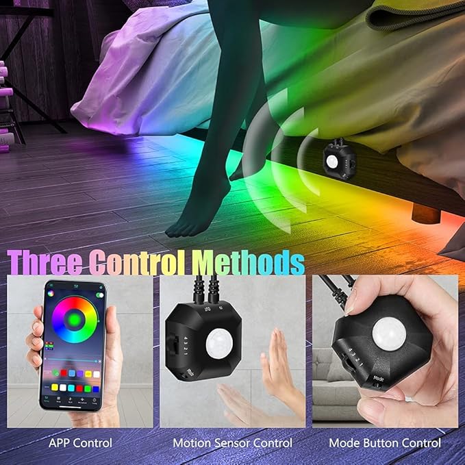 Motion Activated Under Bed Lights,2x9.8ft Motion Sensor RGB Strip Light | APP Control Dimmable LED Night Light with 4 Timing Off Modes,USB 5V Color Changing LED Tape Lights for Bed Cabinet Stair