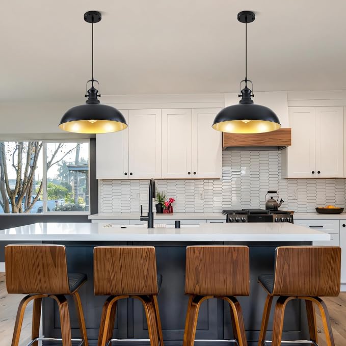 2 Pack 15.7" Matte Black Barn Pendant Lights, Adjustable Cord Industrial Dome Metal Hanging Light Fixtures with Gold Interior, E26 Farmhouse Pendant Lighting for Kitchen Island Dining Room Bar