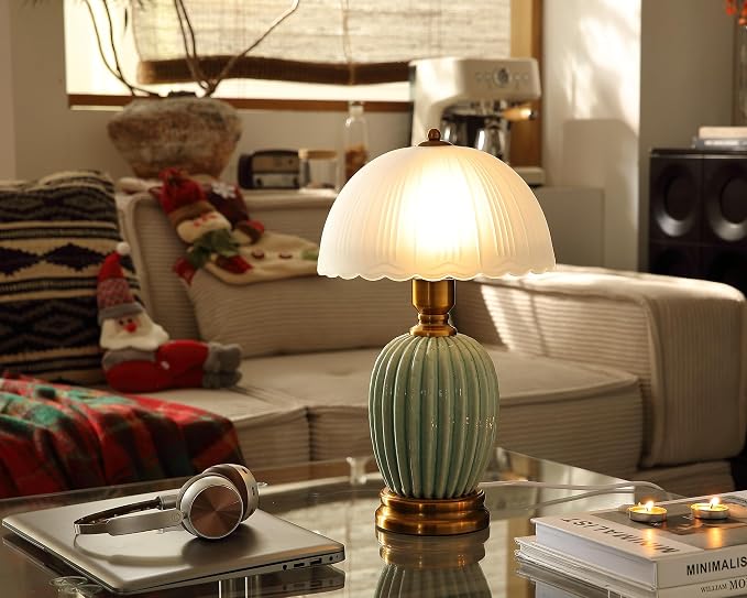Glivpny 16" Vintage Ceramic Table Lamp for Bedroom,Mushroom Lamps (LD003) | Mid Century Modern Ceramic Lamps for Living Room,Retro Bedside Glass Lamps, Classic Chinoiserie Green Lamp for Home Decor