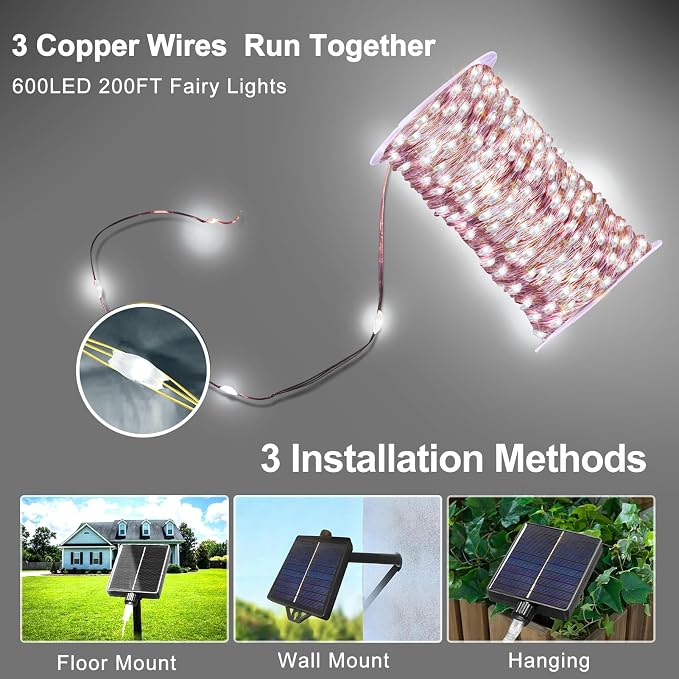 KNONEW 203FT 600 LED Solar String Lights Outdoor, Extra Long Solar Fairy Lights with 8 Modes, IP44 Waterproof Copper Wire Lights for Garden Patio Yard Christmas Decor, Cool White