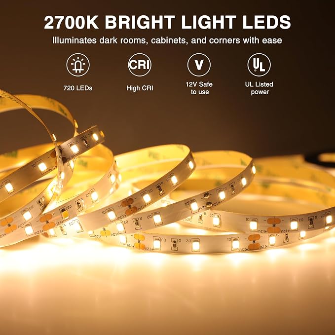 Onforu Warm White LED Strip Lighting, 39.37ft 3000K Dimmable Led Tape Light, 12m Bright 720 LEDs 2835 Flexible Ribbon Christmas Light, 12V Adhesive Rope Lights for Kitchen, Under Cabinet, Bedroom