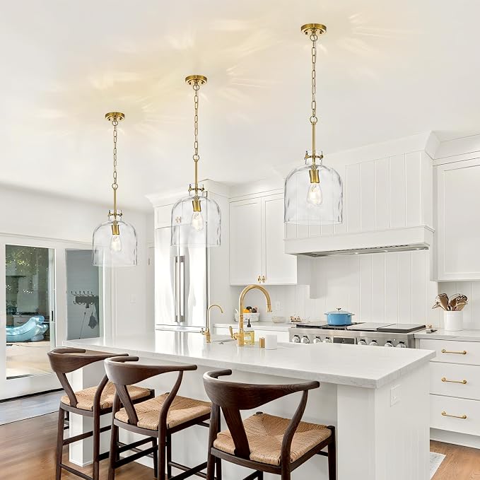 Modern Gold Pendant Light – 10" Dome Glass Hanging Light Fixture, Single E26 Pendant Lighting for Kitchen Island, Dining Room, Bedroom, Hallway, Adjustable Ceiling Lamp