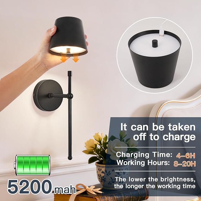 TaoFiaCo Battery Operated Wall Sconces Set of 2,Wireless Wall Sconce Black | 5200mAh Rechargeable, Remote, Timer, Dimmable, Cordless Wall Light for Bedroom Living Room, Hallway, Light Decor