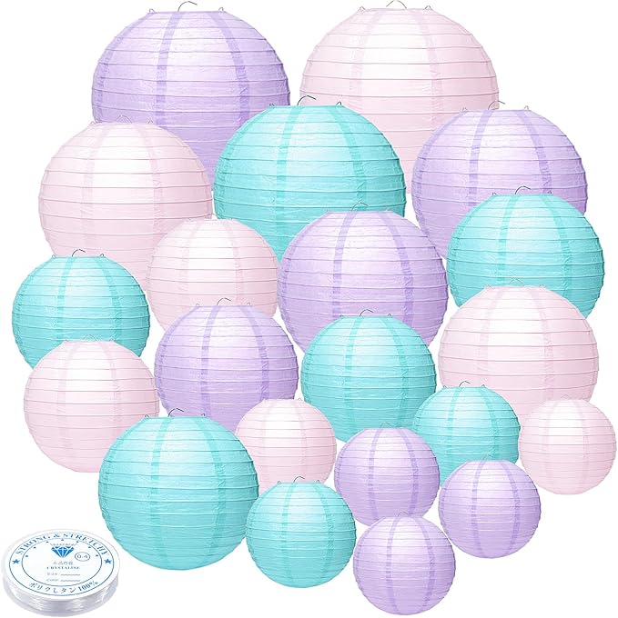 21 Pcs Paper Lanterns Party Decorations, 4/6/8/10 Inch Round Chinese Hanging Paper Lanterns for Mermaid Theme Girl Birthday Party, Wedding, Baby Shower, Graduation, Classroom Ceiling Decorations