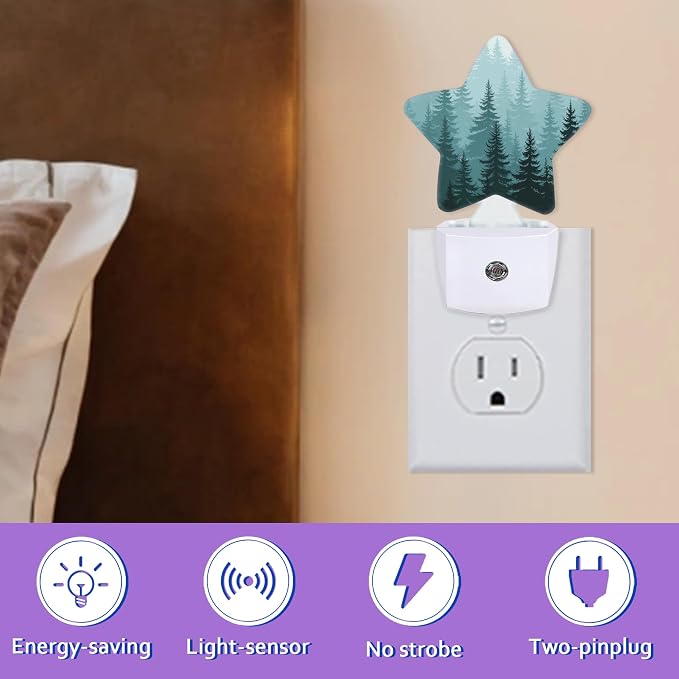 Foggy Fir Forest Night Lights Plug Into Wall,Green Tree Dusk to Dawn Light Sensor Night Light for Kids, Energy Efficient Sleep Friendly Lamp for Bedroom Bathroom Nursery