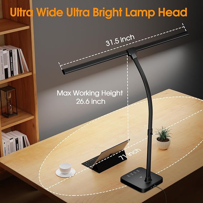 ShineTech LED Desk Lamp, 24W Double Head Desk Light with Wireless Charging | 25 Lighting Modes, USB Port, Dual Swing Arm, Eye-Caring, Auto-Off Timer & Memory Function, for Home Office Dorm Piano Nail