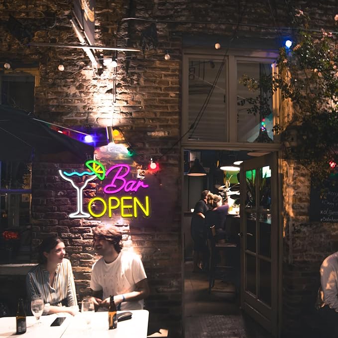 Bar Open Sign for Business, Neon Open Sign, USB Dimmable Cocktails Neon Lights for Beer Bar Coffee Cafe Home Pub Man Cave Stores Hotel Party Window Wall Decor Restaurant