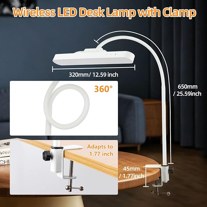 ShineTech Rechargeable Desk Lamp for Home Office,Magnetic Clip On Desk Lamp | 3 Color Modes & Stepless Dimming,Adjustable Gooseneck Lamp, Cordless, Long-Lasting Battery, Eye-Caring Wall Light for Reading