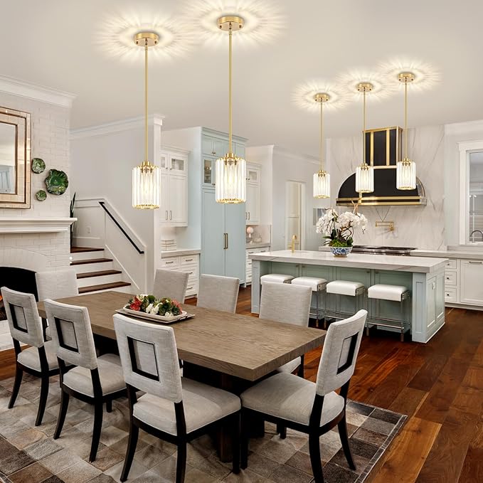 3 Pack Brushed Brass Pendant Lights Kitchen Island, Modern Crystal Pendant Lighting Over Island Kitchen Hanging Light Fixtures Adjustable Pendant Light for Dining Room Bathroom Entryway Hallway Foyer