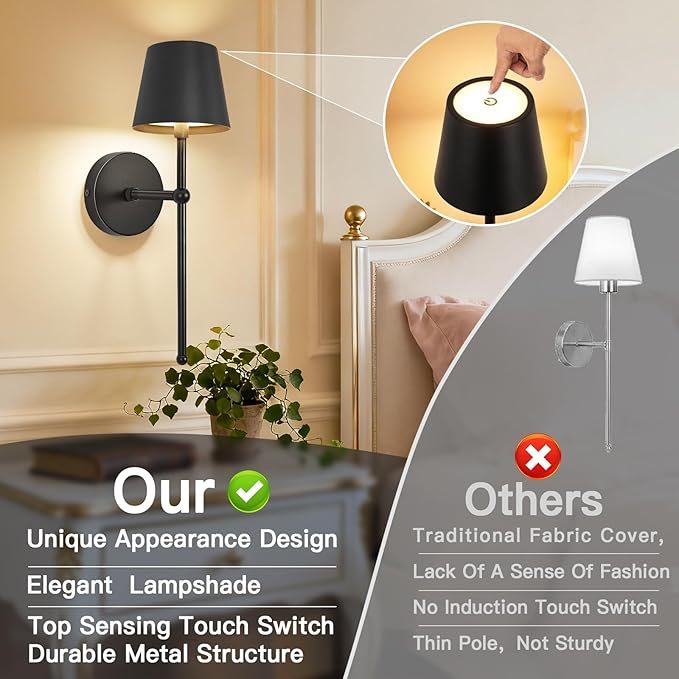 TaoFiaCo Battery Operated Wall Sconces Set of 2,Wireless Wall Sconce Black | 5200mAh Rechargeable, Remote, Timer, Dimmable, Cordless Wall Light for Bedroom Living Room, Hallway, Light Decor