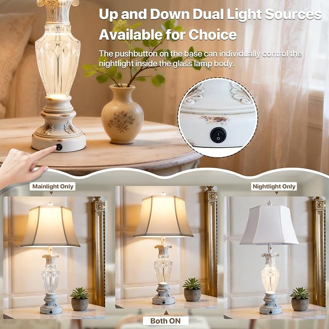28.5" White Table Lamps Set of 2, Resin Glass Nightstand Lamp with USB Port | Vintage Farmhouse Lamp for Living Room Bedroom, 3-Color Temperatures Bedside Lamp, Table Lamp with Nightlight, Bulbs Included
