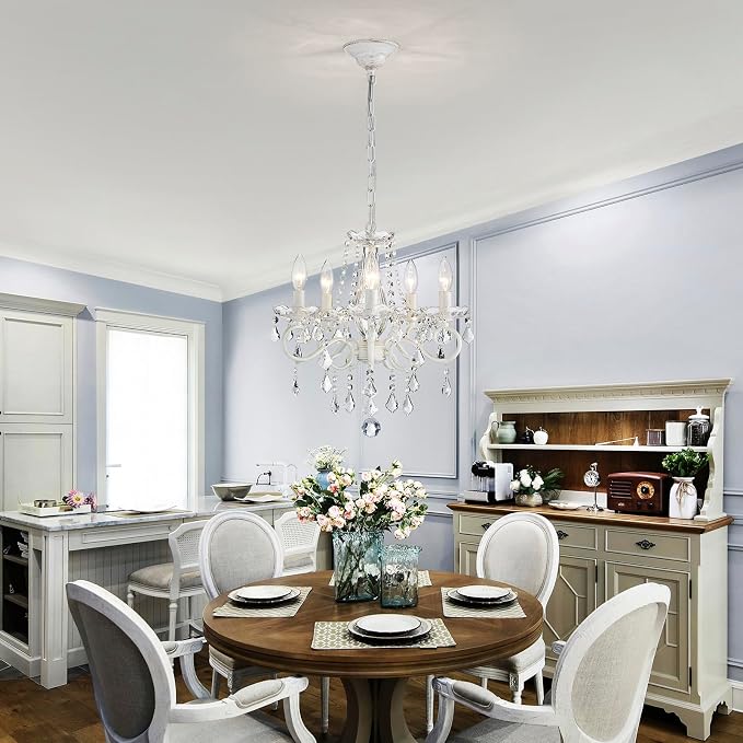 ANJIADENGSHI Small Crystal Chandelier, Modern White Chandelier Dining Room Light Fixture, Mini Crystal Pendant Light for Bedroom Ceiling Light Fixture for Living Room Entryway Kitchen Island Hallway