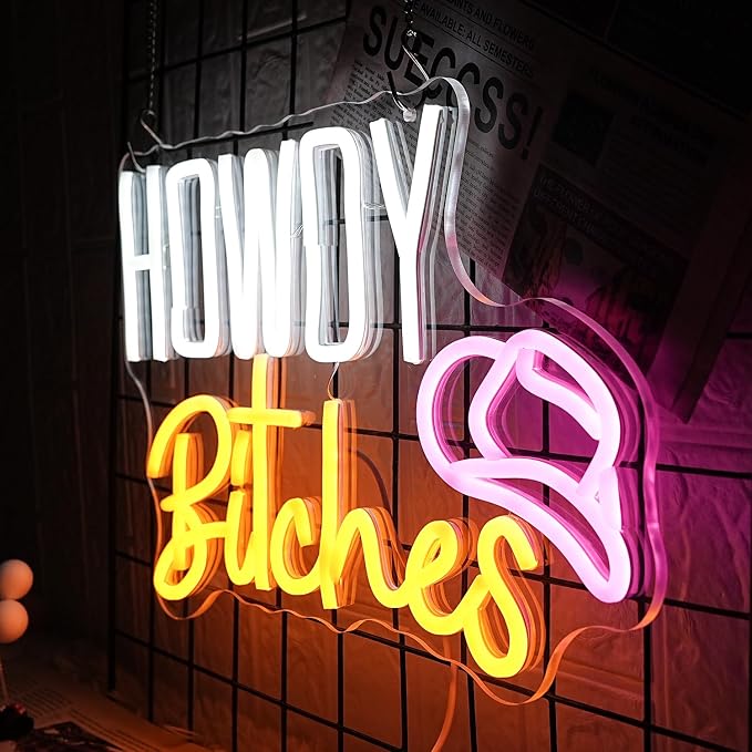 Howdy LED Neon Sign - White, Yellow, Pink Letters - USB Dimmable Light for College Dorm, Country Girls Bedroom Decor - Western Aesthetic Wall Art Gift