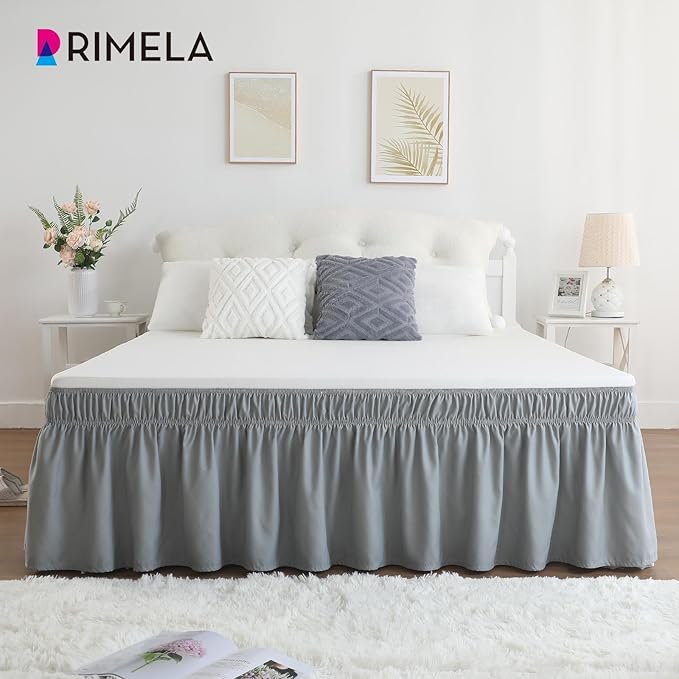 RIMELA Light Grey Bed Skirt Queen Size 16 Inch Drop, Elastic Bed Skirting for Bed Base and Frame, Bedding Dust Ruffle Easy to Install, Lightweight Comforter Set with Wrap Around Adjustable Bedskirt