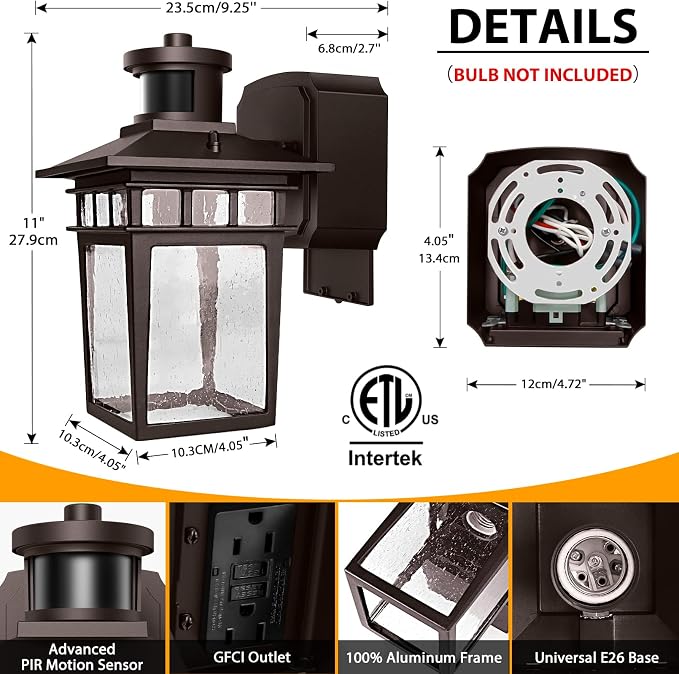 2 Pack Porch Lights with GFCI Outlet,Bronze Dusk to Dawn Motion Sensor Outdoor Light,3-Mode Wall Exterior Lighting Fixture,Waterproof Outside Lights Sconce for House Front Door