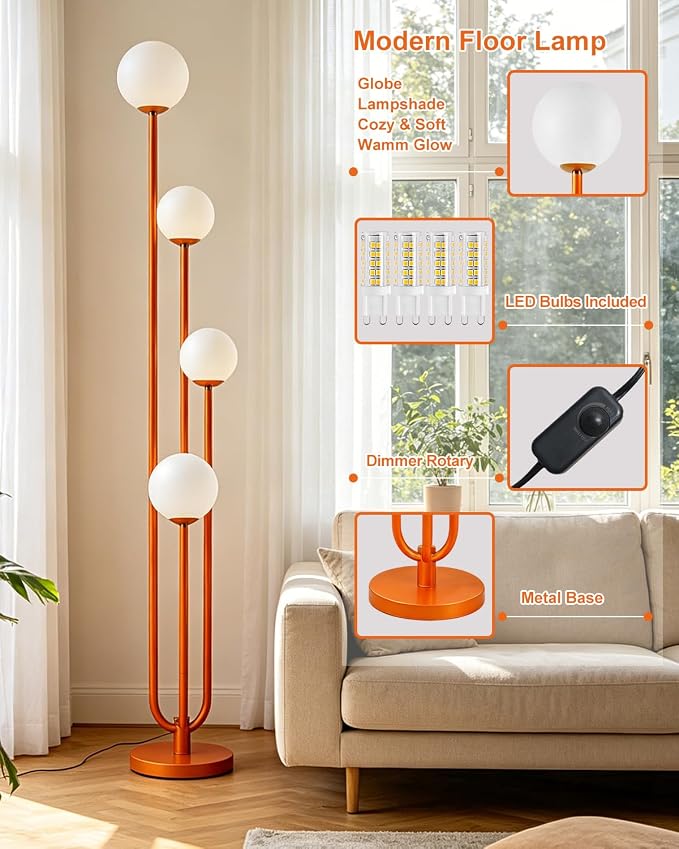Lightdot Orange Globe Floor Lamp 4-Lights Dimmable Floor Lamps with 3000K Bulbs Included Unique Mid Century Modern Tall Standing Lamp with 5Lbs Heavy Base for Living Room/Bedroom/Sofa Beside