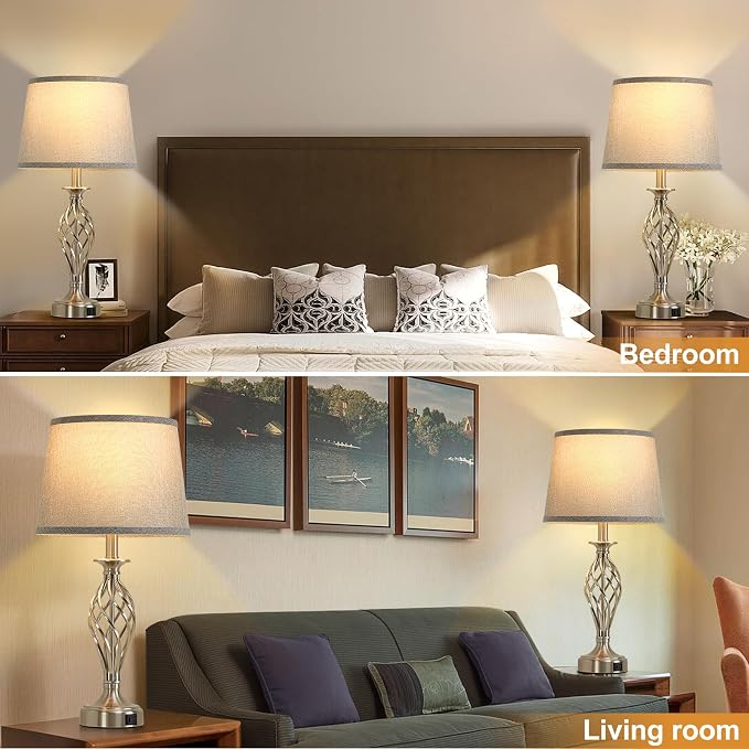 Nightstand Table Lamps for Bedrooms Set of 2 with USB C+A, Bedside Lamps with Spiral Cage Base, Tall Living Room Lamps for End Tables, Modern Night Stand Lamps for Bed Side Guest Room Bulbs Included