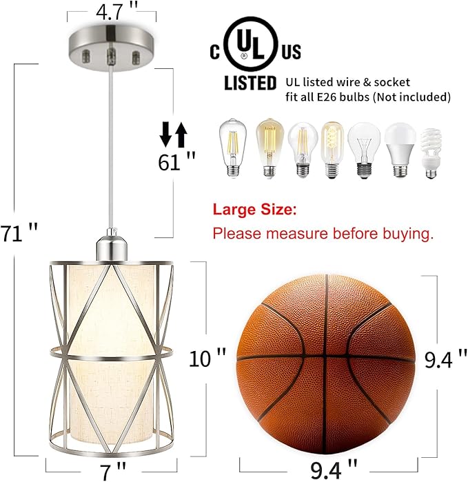 7"×10" Modern Pendant Lights Kitchen Island - Adjustable Height Brushed Nickel Kitchen Pendant Lights with Linen Shade, UL Certified Pendant Lighting for Dining Room, Entryway