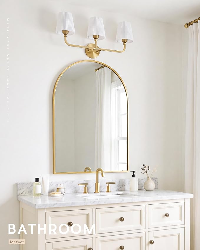 3-Light Brushed Gold Bathroom Vanity Light, Pleated Fabric Shade | 24.75" 3-light gold double wall sconce with white pleated fabric shades, E26 bulbs, hardwired, upward only, VL837-BG-Z-3