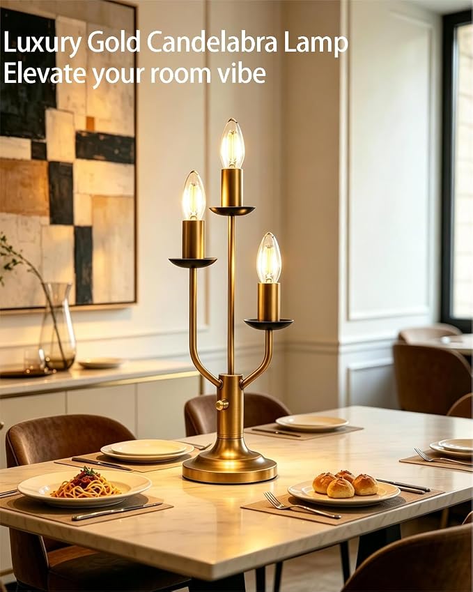 Vintage Candelabra Table Lamp Dimmable Gold Lamp E12 Bulbs Included | Accent Lamp Nightstand Desk Lamp Warmwhite Ambient Bedside Lamps for Living Room Bedroom Dining Party Home Office Decor Gift
