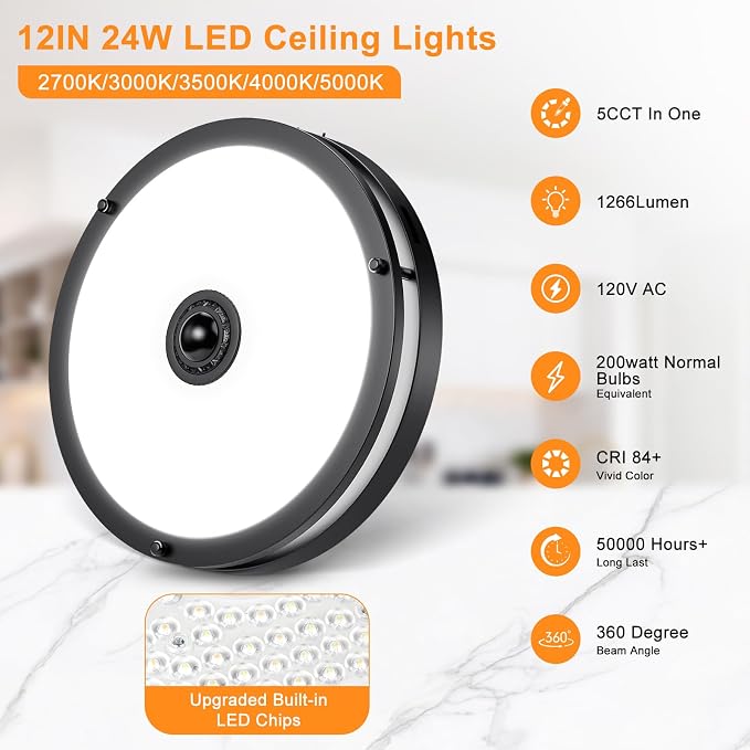2-Pack 12" LED Motion Sensor Outdoor Ceiling Light, 5CCT, 24W | Dusk to Dawn, 2700K/3000K/3500K/4000K/5000K Dimmable, 4 Lighting Modes, Flush Mount Ceiling Light for Entryway, Garage, Black