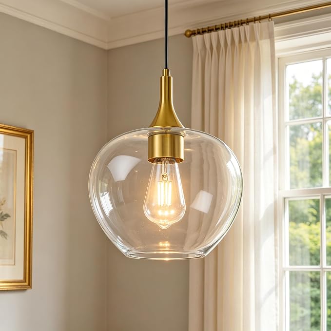 9.45in Gold Pendant Lights Kitchen Island with Clear Glass Shade 1Pack | Handcrafted Glass Pendant Light Fixtures, UL Certified, E26 Base 100W Max, Height-Adjustable, Dimmable Hanging Pendant Light