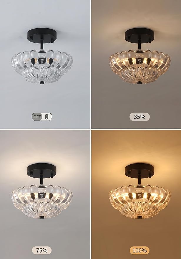 Semi Flush Mount Ceiling Light, Mini Vintage Black Close to Ceiling Light Fixture with Glass Shade, Modern Lighting for Bedroom Hallway Kitchen Laundry-Clear