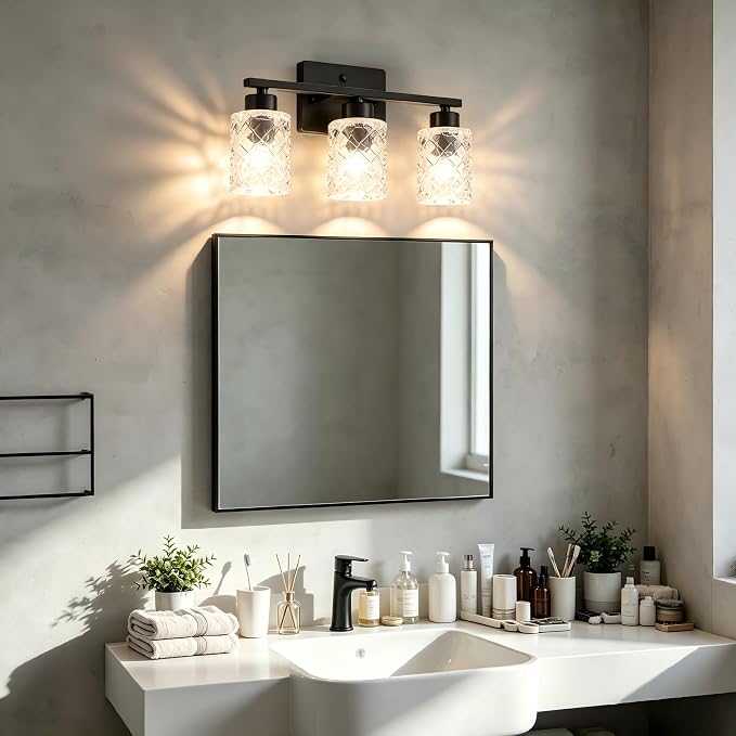 3-Light Bathroom Light Fixtures, Black Vanity Lights Over Mirror | Wall Sconces with Clear Textured Glass Shades for Living Room Bedroom Hallway,E26 Base (Bulbs Not Included)