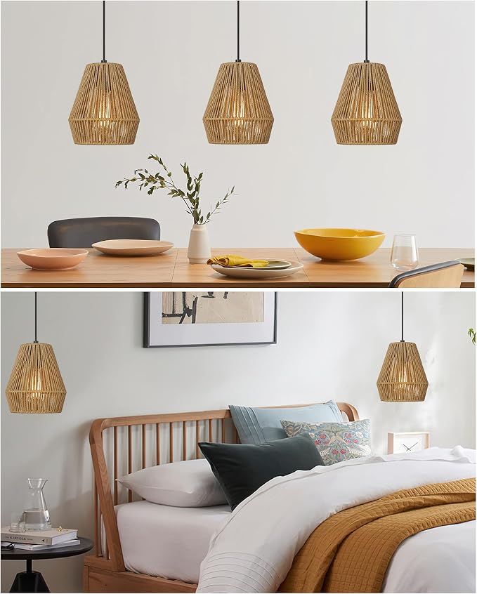 ELYONA 3 Pack Japandi Woven Pendant Lights 7” Modern Boho Hanging Lamp with Handwoven Rattan Shade, Adjustable Farmhouse Coastal Pendant Light Fixtures for Kitchen Island,Dining Room,Bar, Hallway