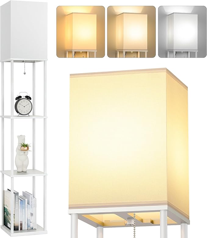FOLKSMATE Floor Lamp with Shelves, 3-Tier Modern Square Bookshelf Floor Lamp, 3 Color Temperature Bulb Included, Floor Lamps for Living Room Bedroom Corner - White