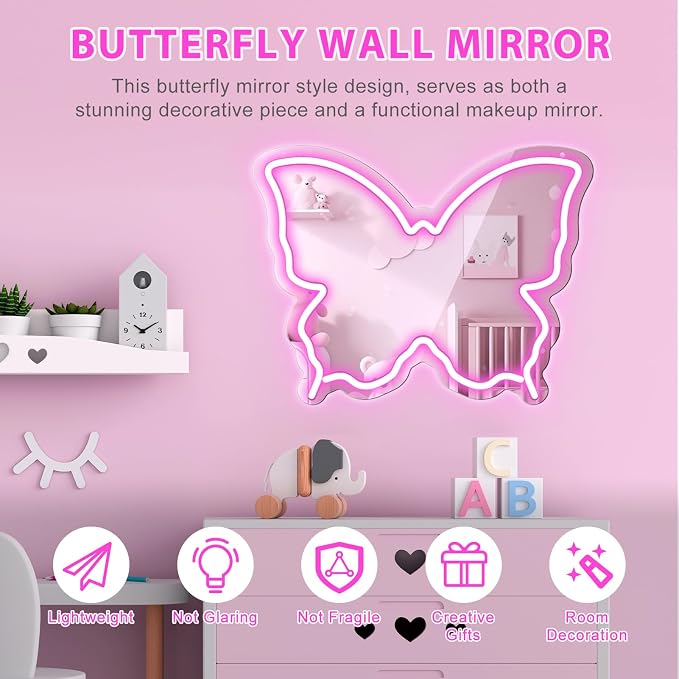 Butterfly Neon Sign Mirror, LED Neon Sign for Wall Decor, 15.7'' x 12'' Dimmable Neon Light for Teen Girls & Kids Birthday Party Gift, Neon Signs for Girl Room Decor, Wall Mirror, USB Powered (Pink)