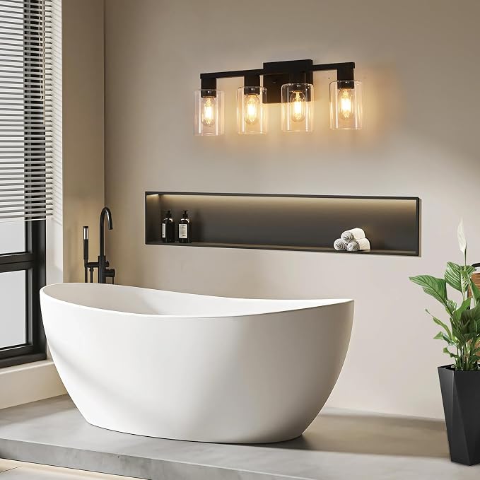 Black Vanity Lights for Bathroom 4 Light Bathroom Vanity Light Classic Bathroom Lighting Fixtures Over Mirror Farmhouse Vanity Lights with Clear Glass Shade