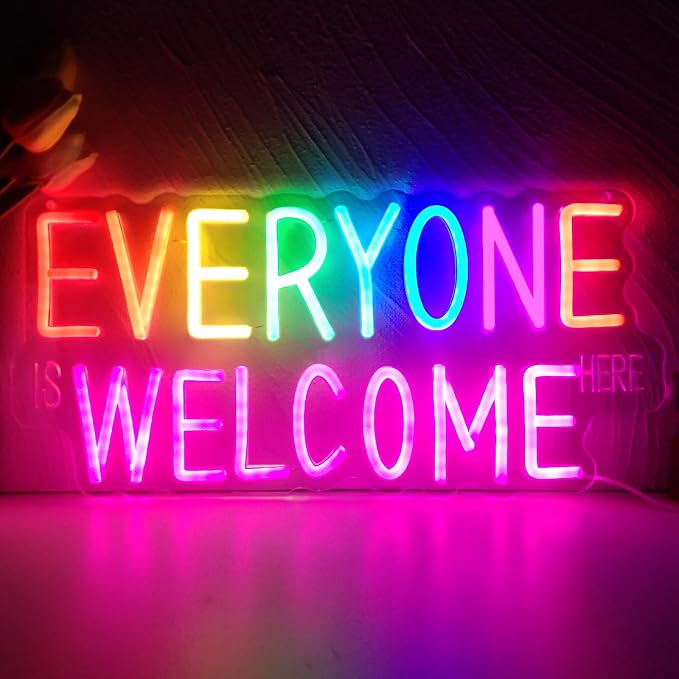 Everyone is Welcome Here Neon Sign, Dimmable Classroom Neon Sign Lights for Wall Decor, USB Positive Affirmation LED Neon Light, Welcome Signs for Classroom Teacher Gifts Rainbow Pride Diversity Decor