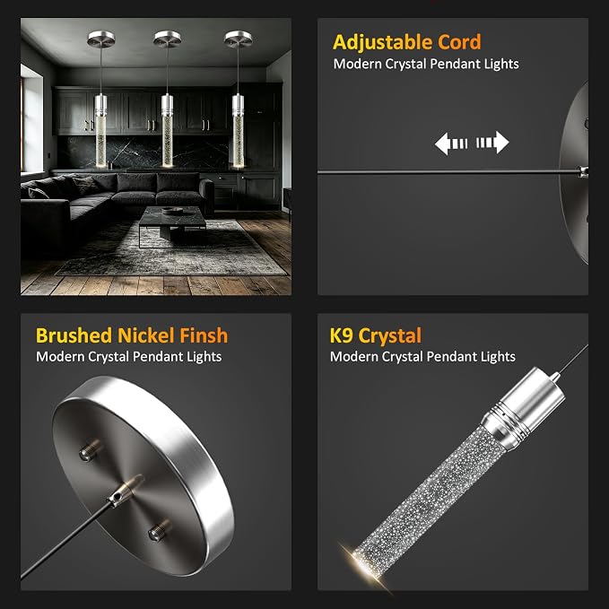 Brushed Nickel Pendant Lights Kitchen Island, Crystal Bubble Pendant Lights, Adjustable Modern Pendant Light Fixtures for Dining Living Room Bedroom 3 Pack
