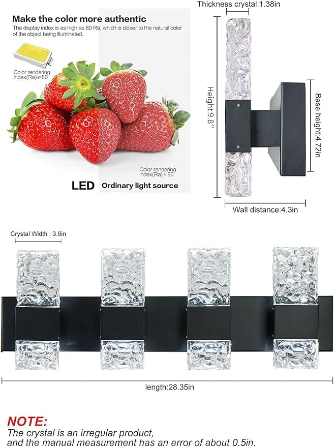 Black Bathroom Light Fixtures Crystal Bathroom Vanity 4 Light Over Mirror Modern LED Wall Light ，6000K Cool Light，40 Watts