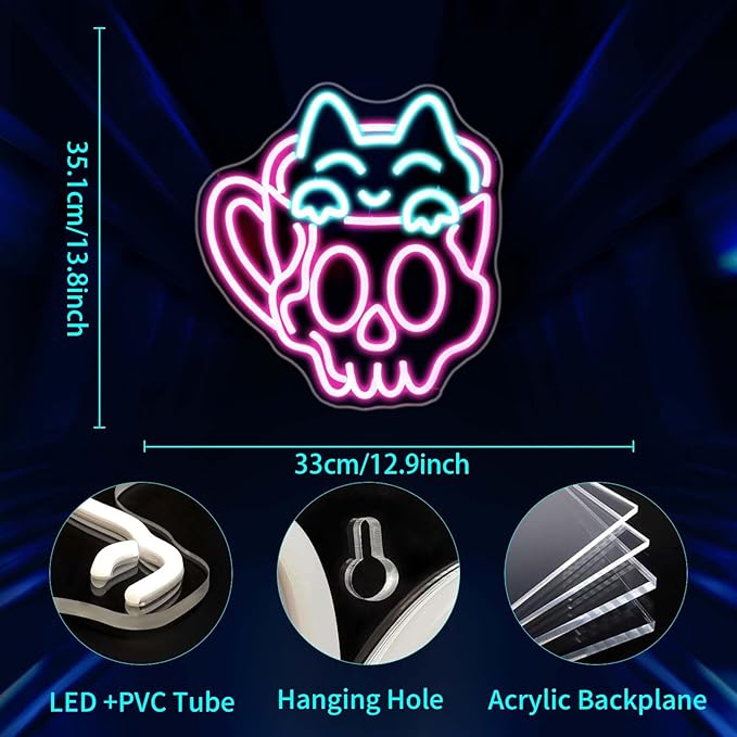 Neon Sign, JGHTURIE Cup Neon Signs for Wall Decor Funny Skull Cat Light Up Sign USB Powered Pink Led Signs for Man Cave Business Coffee Cafe Shop Bakery Hotel Store