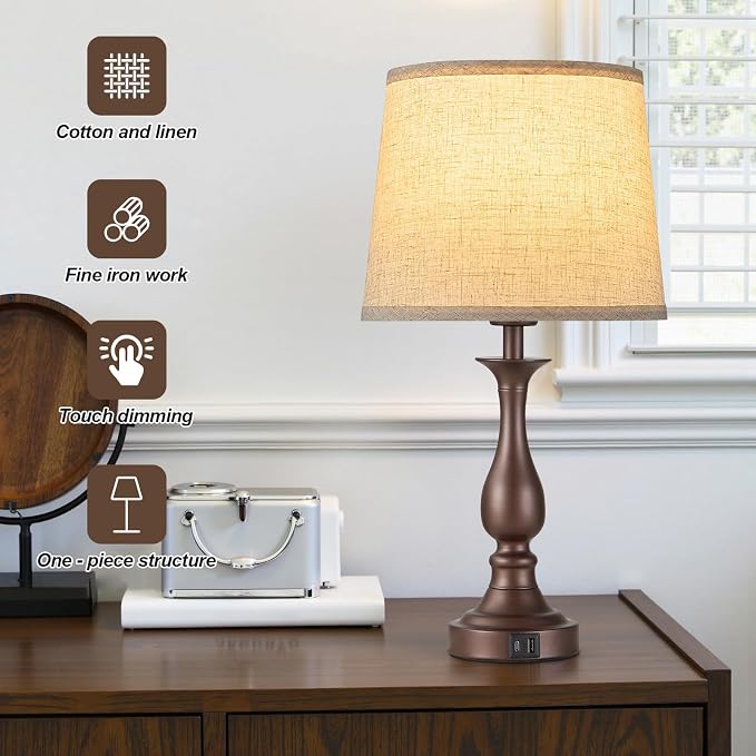 Bedside Table Lamp Touch Control Bedroom Lamps with USB A + C Charging Port 3 Way Dimmable Touch Lamps for Nightstand Living Room Bedroom Dorm Home Office Reading, Set of 2 (Beige Shade & Brown Base)