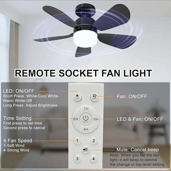 2Pack Socket Fan Light With Remote, Screwing Ceiling Fans with Dimmable Lights, 3 Colors 3000K-6500K,Ceiling Fan Light Kit Bulb for Bedroom Living Room Kitchen Garage Dinning Room