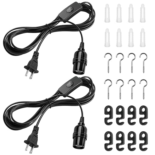 DiCUNO Extension Hanging Lantern Cord Cable, E26 Pendant Light Lamp Socket, On-Off Switch Close to Polarized Plug, 13 Feet, Medium Base for Grow, Plant, Ceiling Lights Fixture, Black, 2 Packs