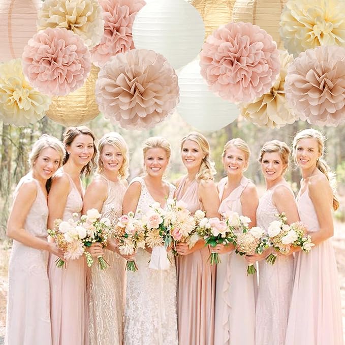 Champagne-Gold White Party-Decorations Paper-Flowers Lanterns - 15PCS Boho Fall Rustic Tissue Pom Poms Streamers,Wedding Baby Bridal Shower Neutral Autumn Birthday Hanging Supplies Decor Hugfond