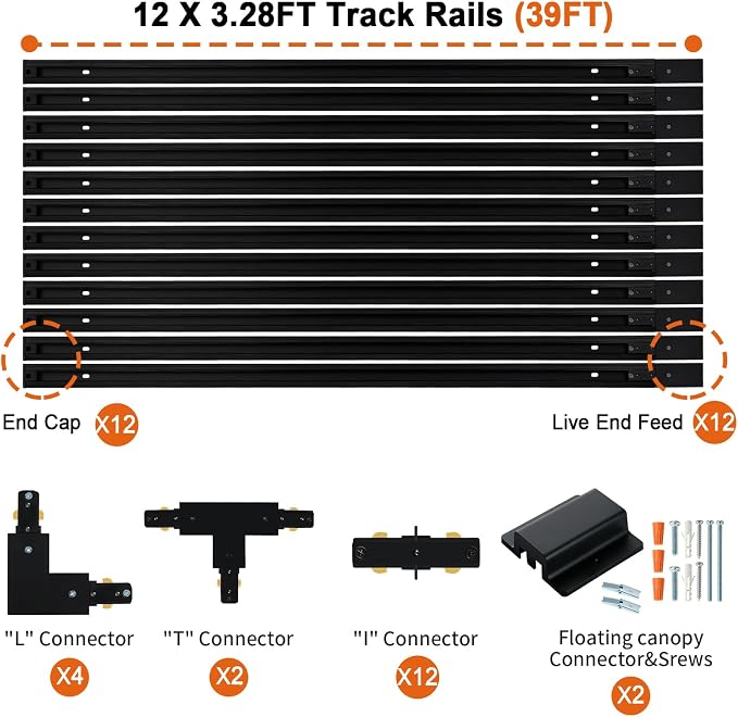 39FT H Track Lighting Rail Kit, Black 120V H Type Track Rail System | Includes Floating Canopy Connector, I/L/T Connectors, End Caps and Live End Feed. Compatible with H style 3-wire Track heads