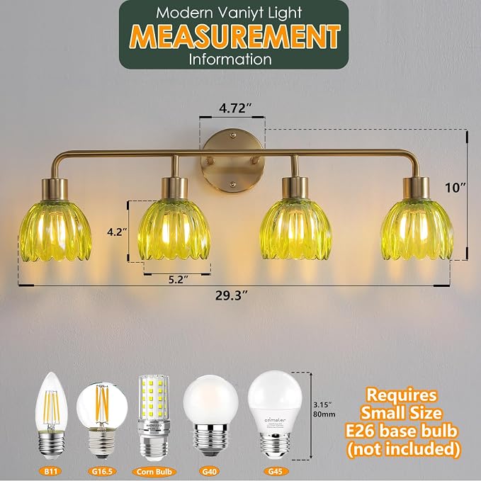 4-Light Gold Brass Bathroom Light Fixture,Wall Sconces,Brushed Gold Vanlity Light Over Mirror,Bathroom Vanity Light with Green Glass Flower Shade,E26 Socket(Bulbs Not Included)