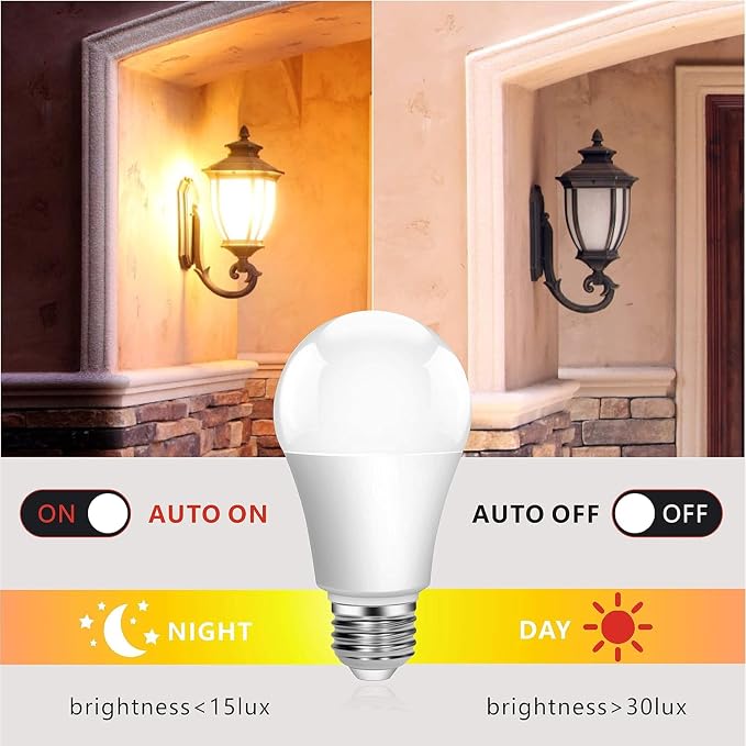 Boxlood Dusk to Dawn Light Bulbs, Built-in Photocell Light Sensor, Automatic On/Off, E26 Base 9W 60W Equivalent, AC120V 3000K Warm White, Indoor/Outdoor Sensor LED Bulb for Yard Entrance Porch 4Pack